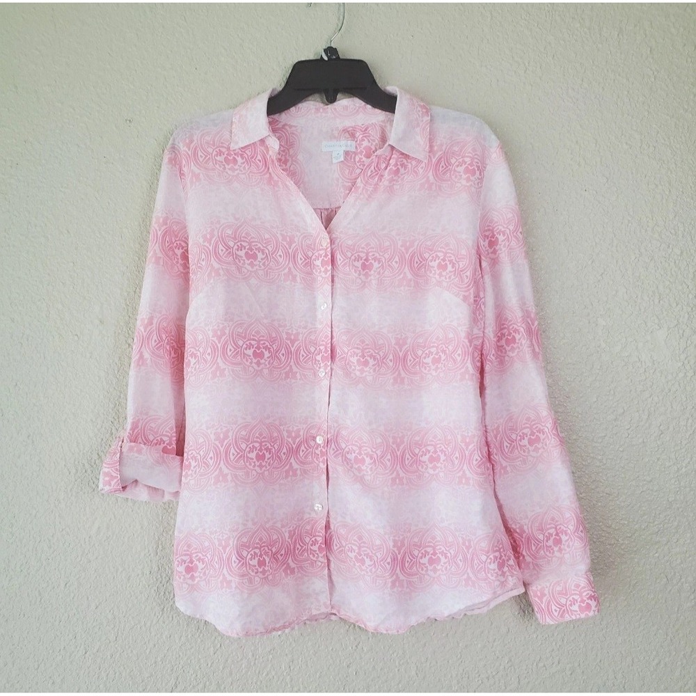 Charter Club 100% Linen Pink Paisley Button Up Blouse Size M Women's Barbiecore